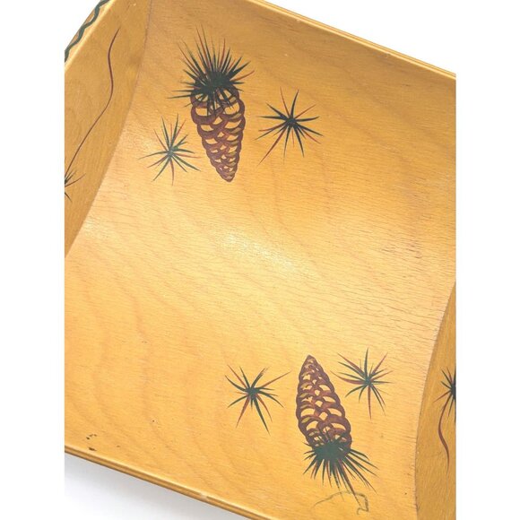 1950's Vintage Glenwood, California Wood Trenched Dish w/ Hand Painted Pinecones - Picture 6 of 10
